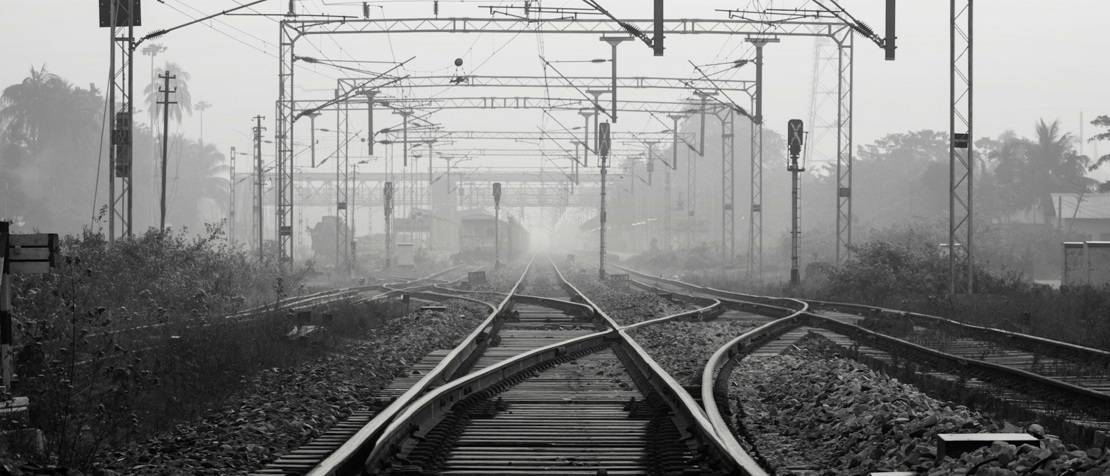 Railway tracks and overhead lines in the fog